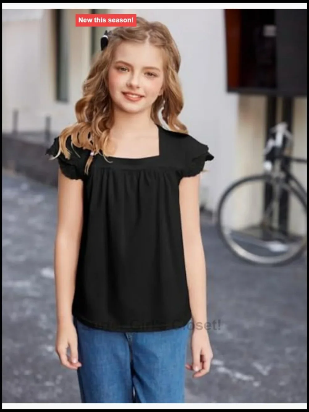 Girls Square Neck Short Sleeve Lace Pleated Blouse Tunic
